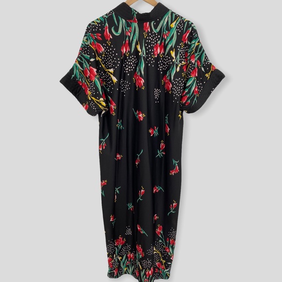 Vintage Style Black Floral Rose Oversized Kaftan House Dress - Picture 2 of 5